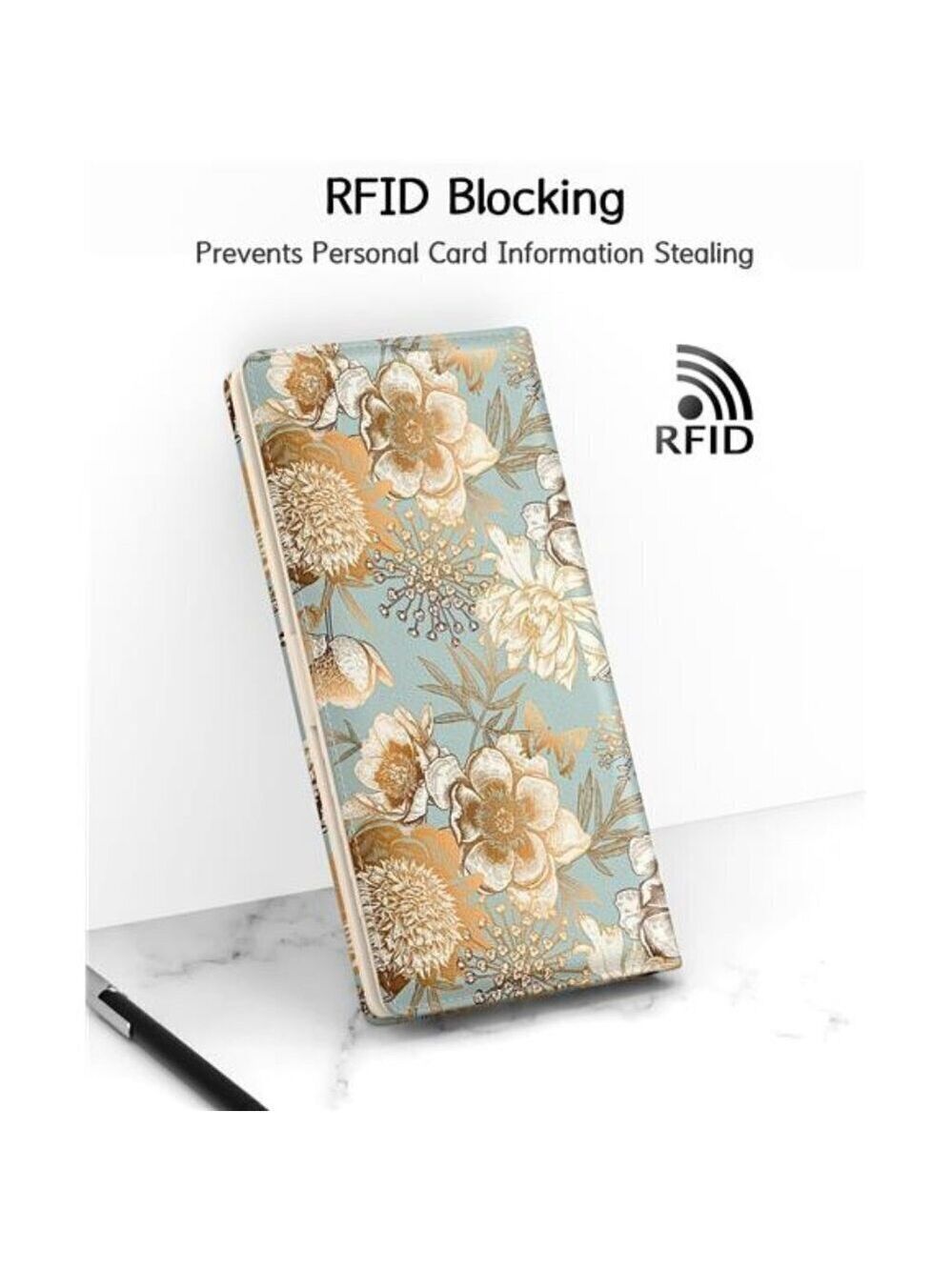 Women's Wallet, RFID Slim Wallets for women's Blue and Gold Flowers Desing - Picture 5 of 7